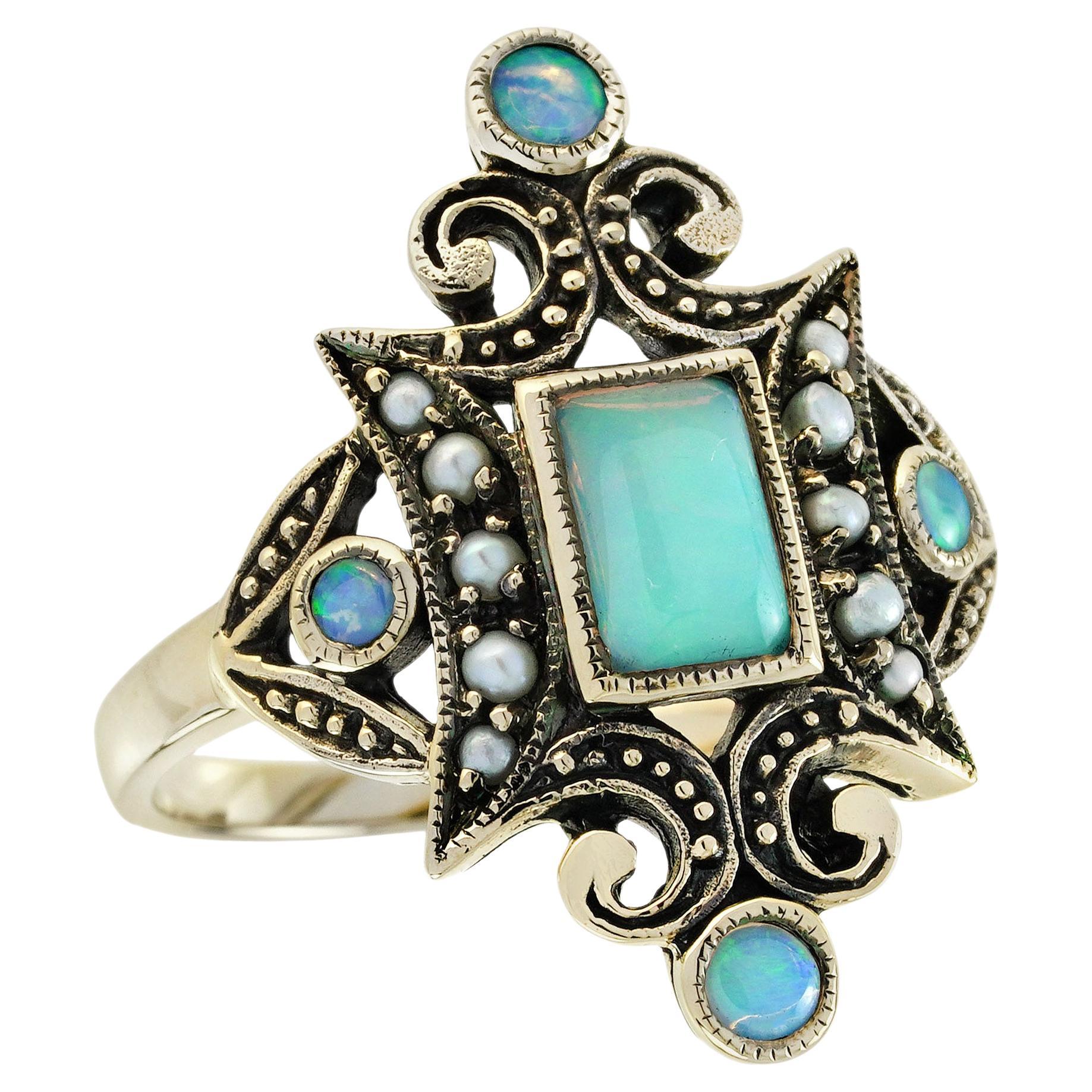Opal and Pearl Victorian Style Cocktail Ring in Solid 9K Yellow Gold