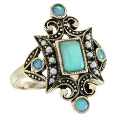 Anillo de cóctel estilo victoriano de ópalo y perla en oro amarillo macizo de 9 quilates