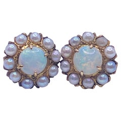 Opal and Pearl Yellow Gold Cluster Earrings