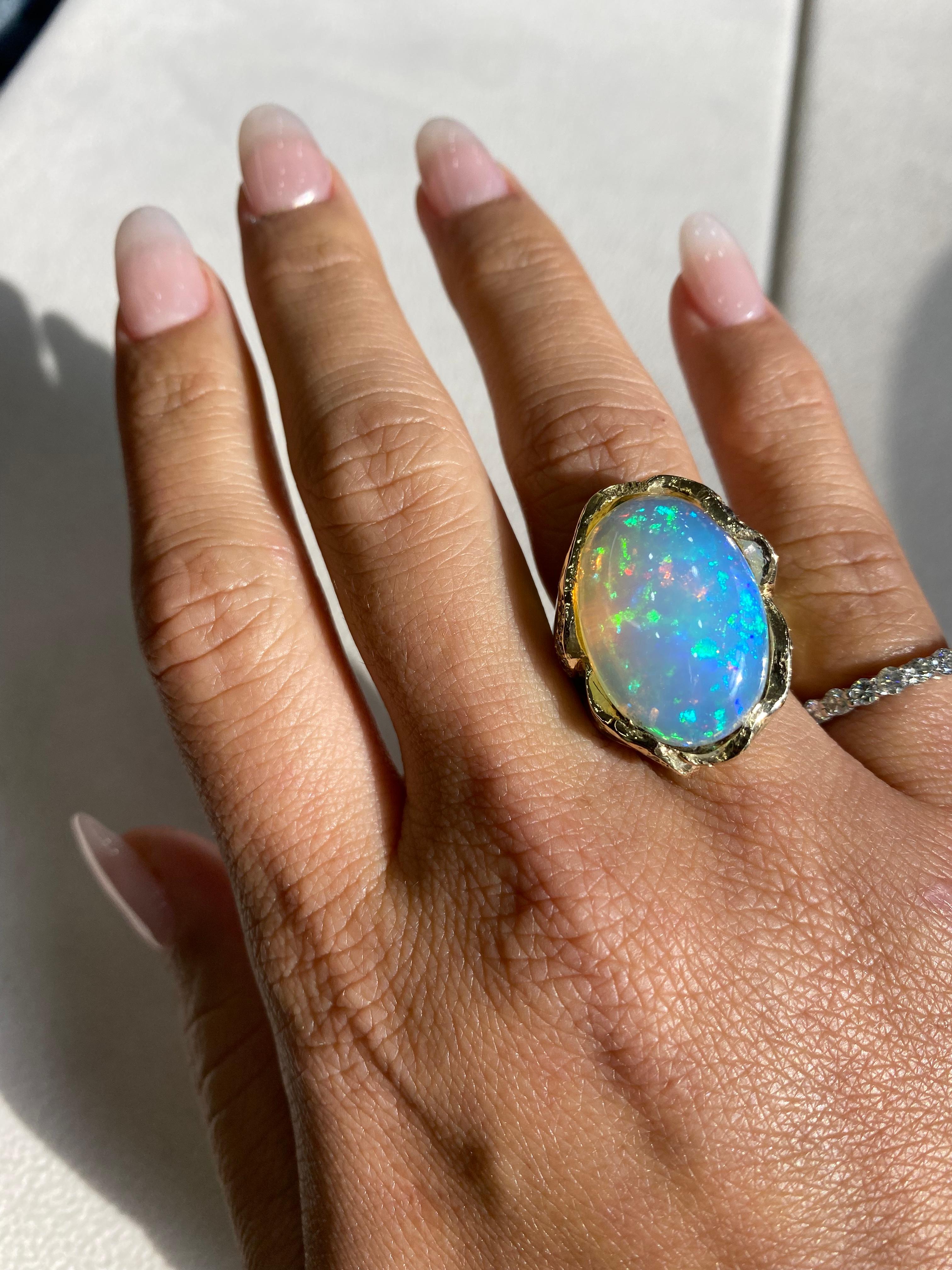 Art Nouveau Opal and Plique a Jour Enamel Ring with Gold and Diamonds.