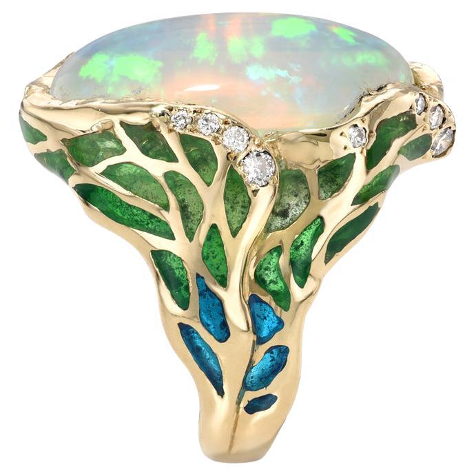 Opal and Plique a Jour Enamel Ring with Gold and Diamonds.