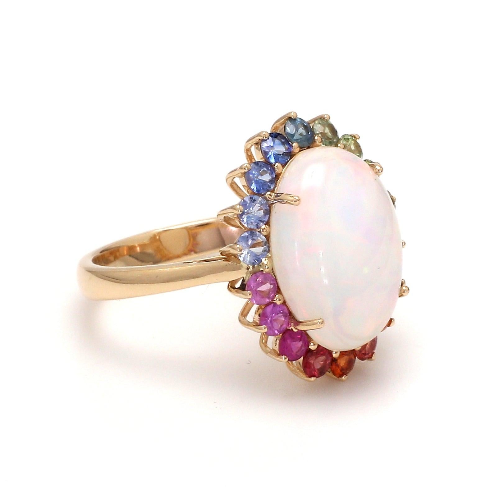 Gemstone : Opal and Rainbow Sapphire

Type : Natural

Shape : Oval

Size : 12x8 MM

Weight : 5-6 Carats

Halo Size : 3MM

Metal : Gold

Size : All sizes are available



This is a Brand new Piece

. Its very hard to capture the true color and luster