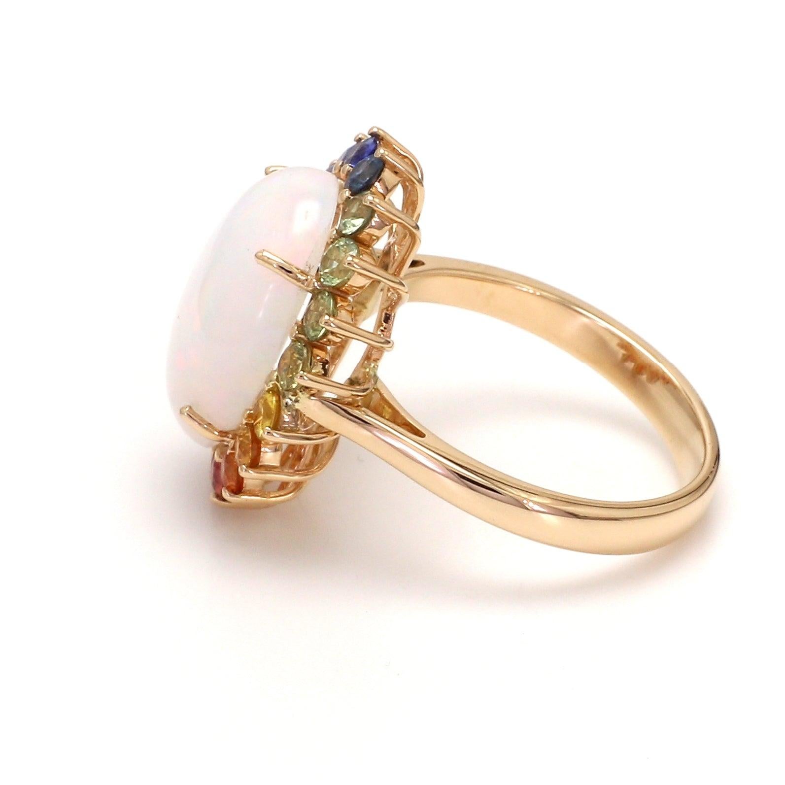 Contemporary Opal and Rainbow Sapphire Halo Ring in 18k