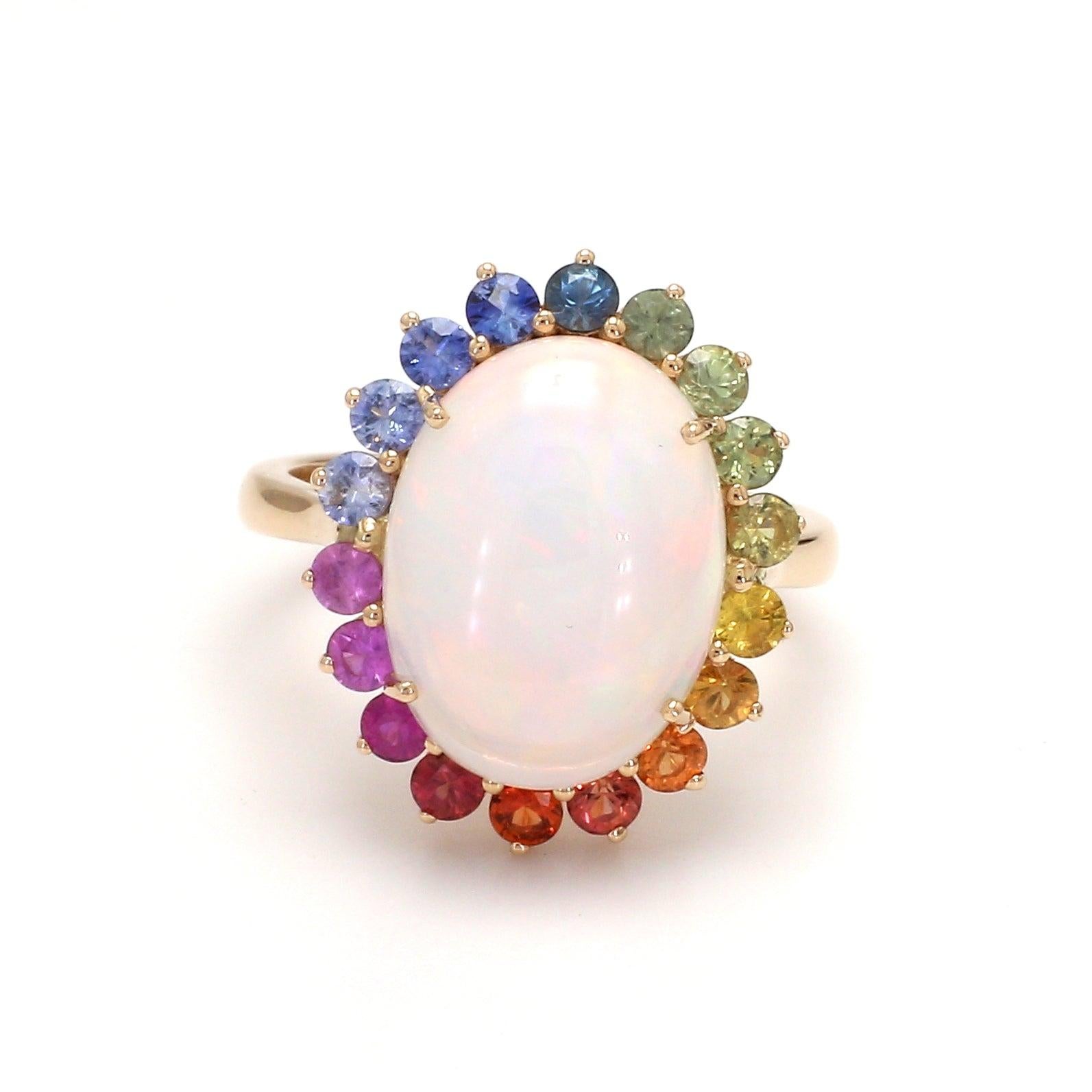 Opal and Rainbow Sapphire Halo Ring in 18k In New Condition In jaipur, IN