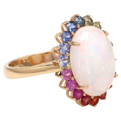 Opal and Rainbow Sapphire Halo Ring in 18k