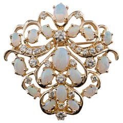Opal and Round Brilliant Cut Diamond Brooch Pin Set in 14 Karat Yellow Gold