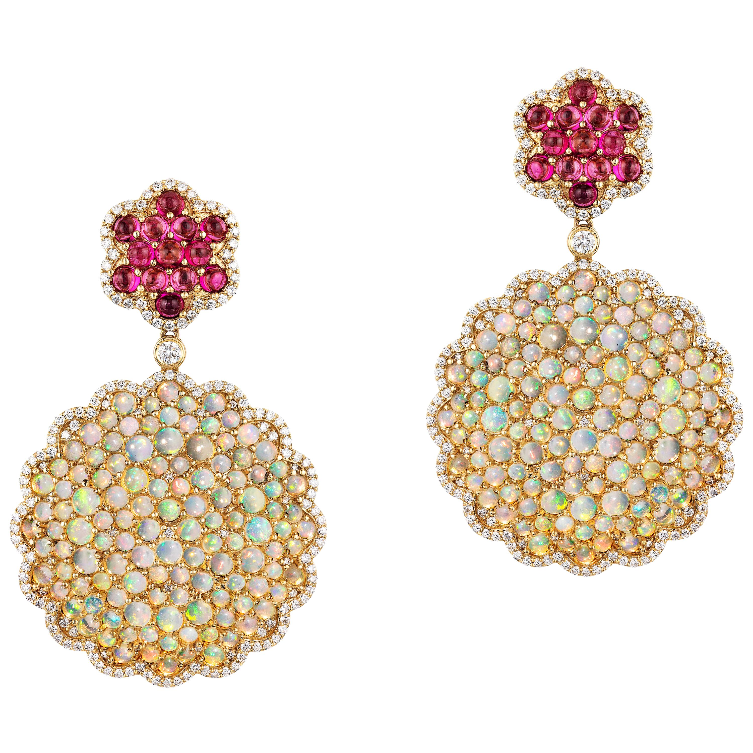 Boucles d'oreilles Goshwara en opale et rubélite à double cercle en forme de caisse et diamants