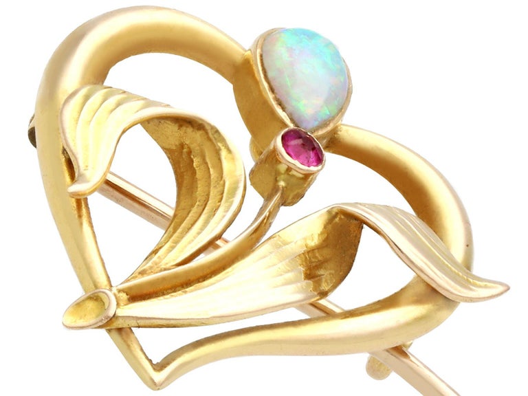 Pear Cut Antique Art Nouveau Opal and Ruby Yellow Gold Brooch, Circa 1910 For Sale