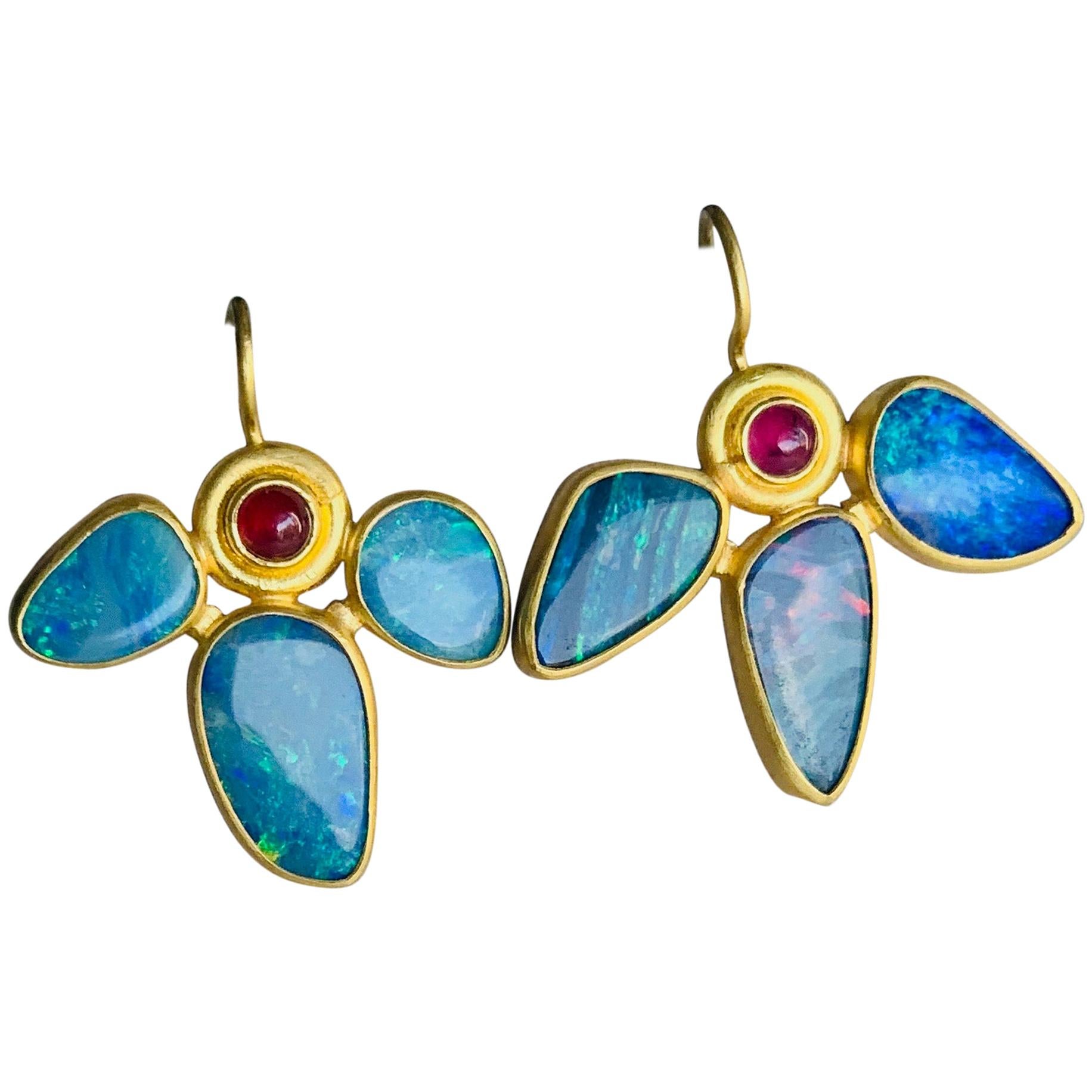 Opal and Ruby Earrings in 22 Karat Gold