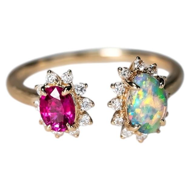 Opal and Ruby Engagement Ring with Diamonds 14K Gold For Sale