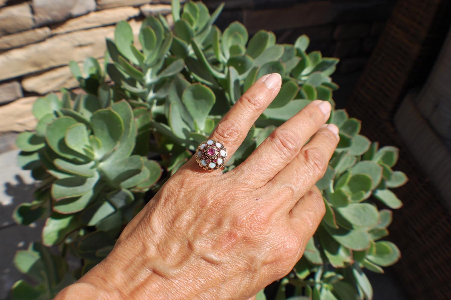 Anglo-Indian Opal and Ruby Temple Ring circa 1950, 1.25 Carat Yellow Gold