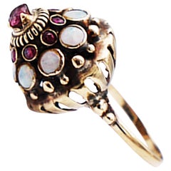 Antique Opal and Ruby Temple Ring circa 1950, 1.25 Carat Yellow Gold