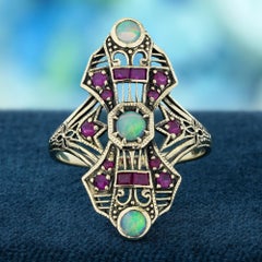 Opal and Ruby Vintage Style Cocktail Ring in Solid 9K Yellow Gold