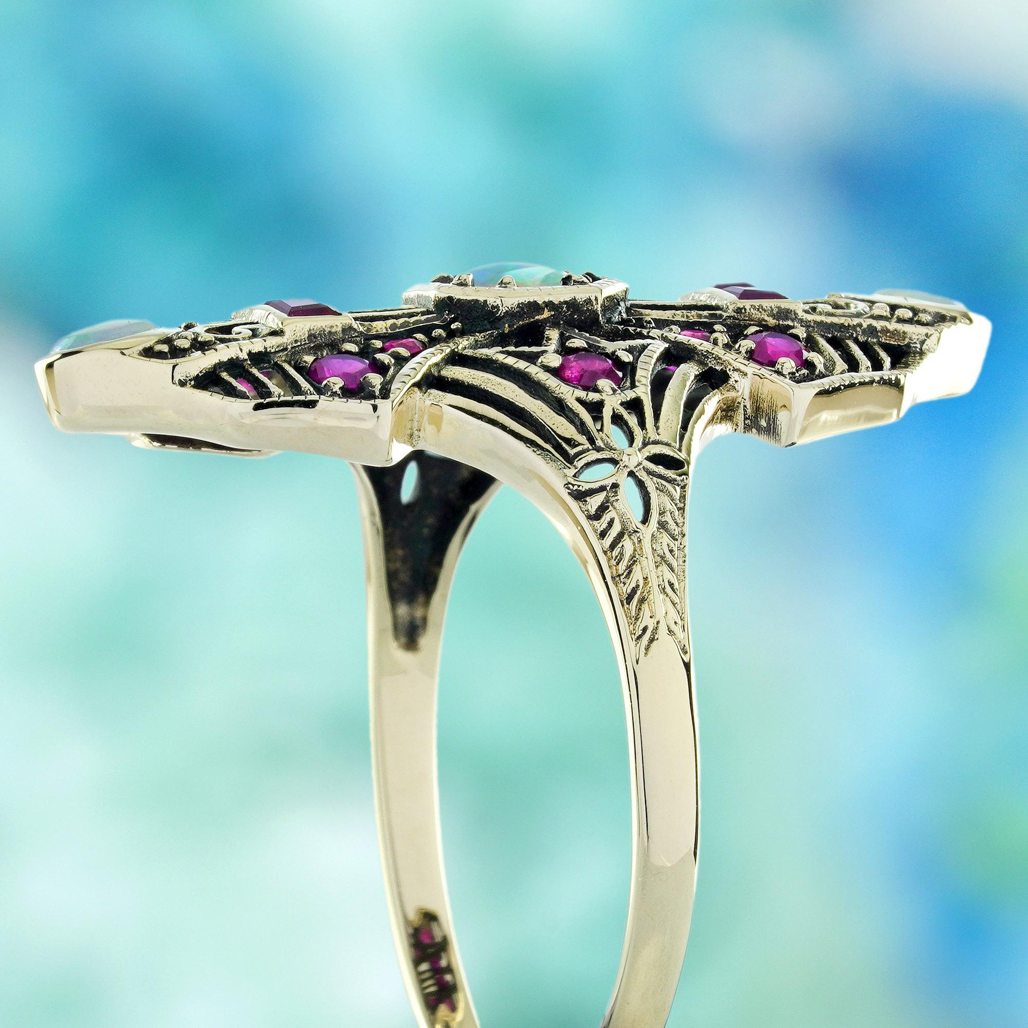 Bague de cocktail de style vintage en or jaune 9K massif, opale et rubis Pour femmes en vente