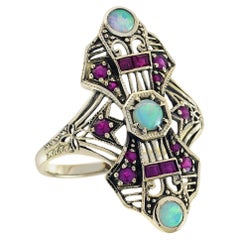 Opal and Ruby Vintage Style Cocktail Ring in Solid 9K Yellow Gold