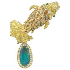 3.45 Carat Multi Color Sapphire Fish Brooch 5.28 Carat Opal Emerald Diamond 18Kt
