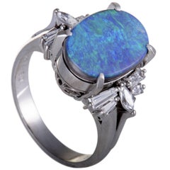 Opal and Tapered Baguette Diamond Platinum Cocktail Ring