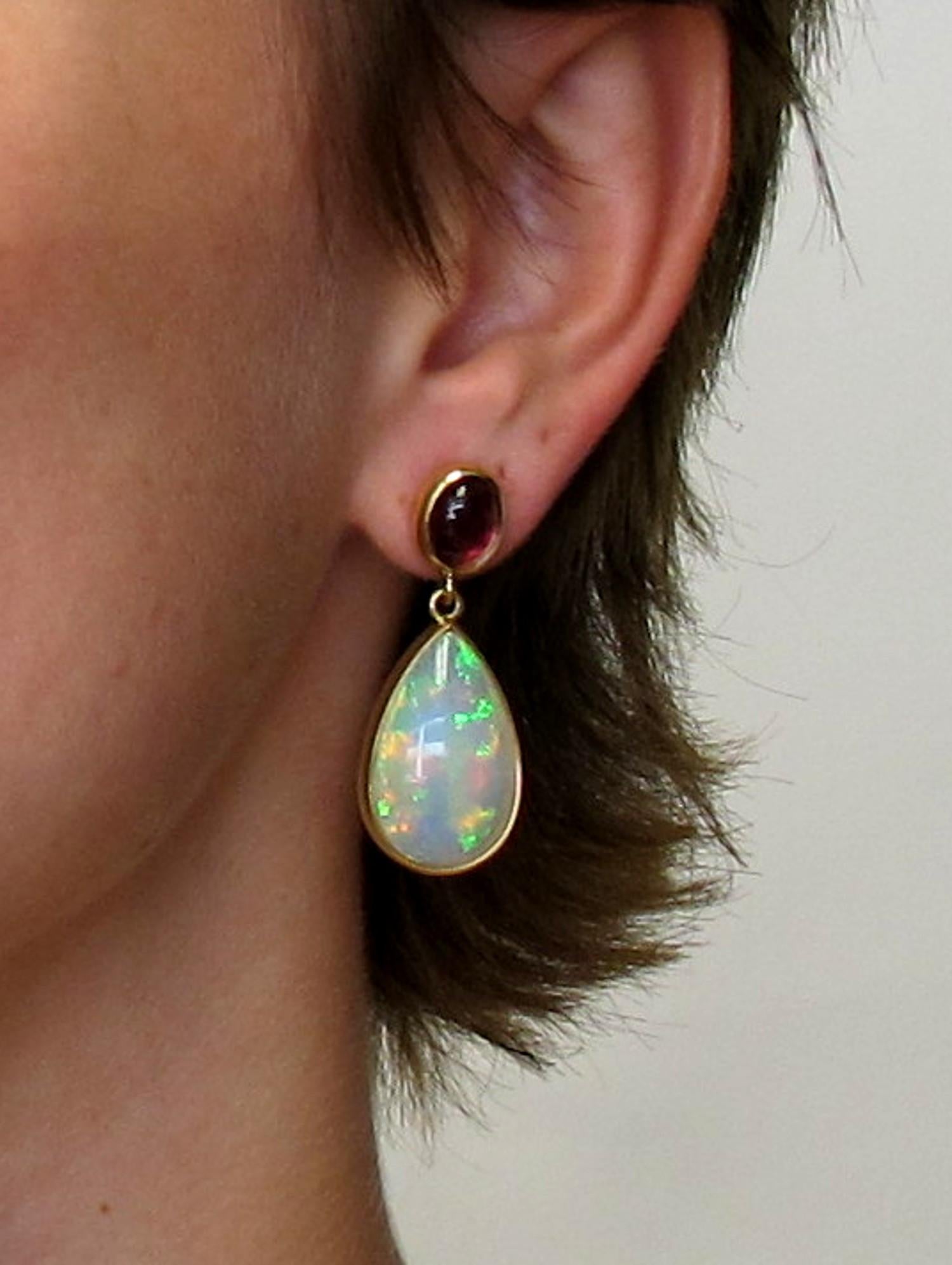 Opal and Tourmaline Cabochon Dangle Earrings 18 Karat Yellow Gold In Excellent Condition In Los Angeles, CA