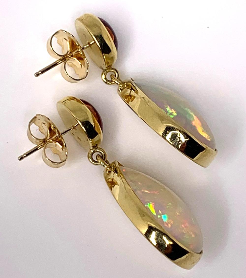 Women's Opal and Tourmaline Cabochon Dangle Earrings 18 Karat Yellow Gold