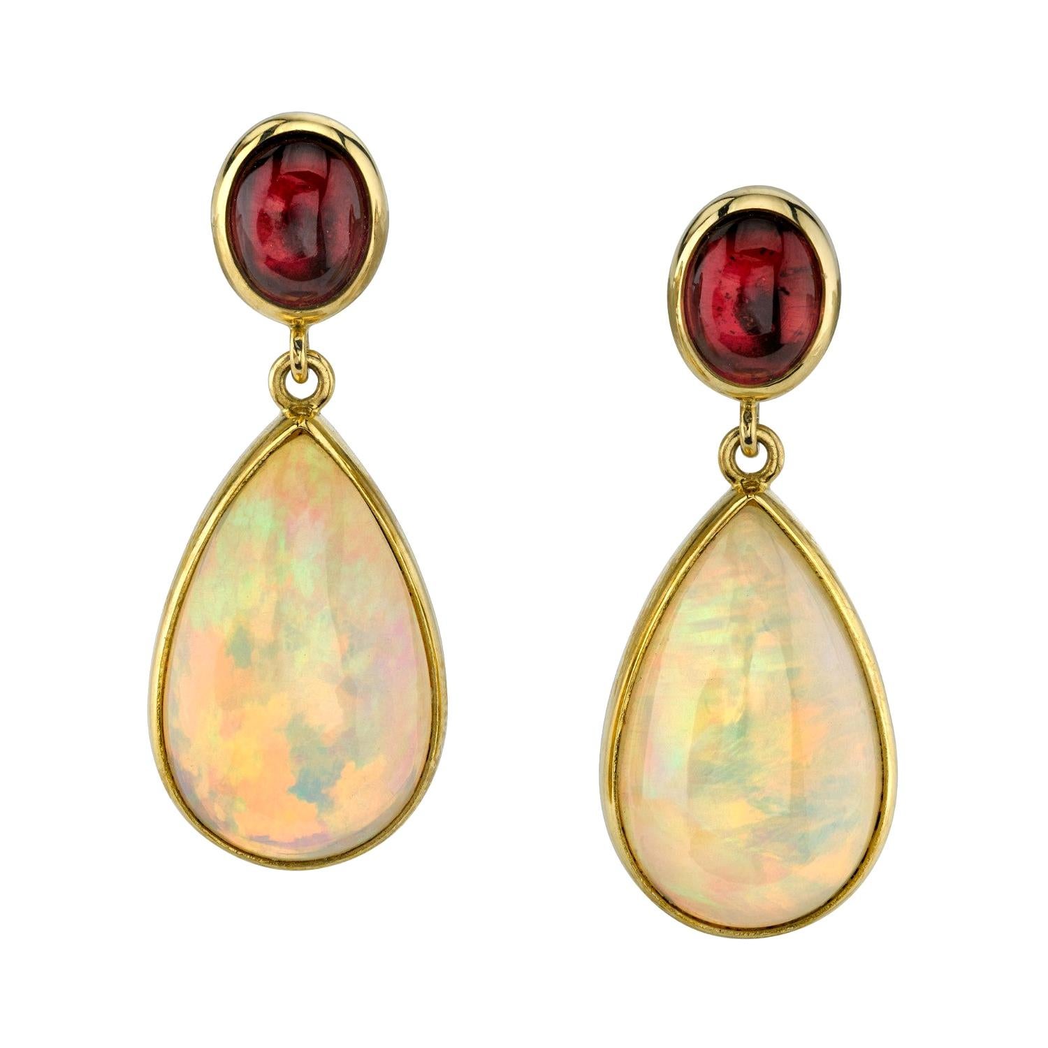 Opal and Tourmaline Cabochon Dangle Earrings 18 Karat Yellow Gold