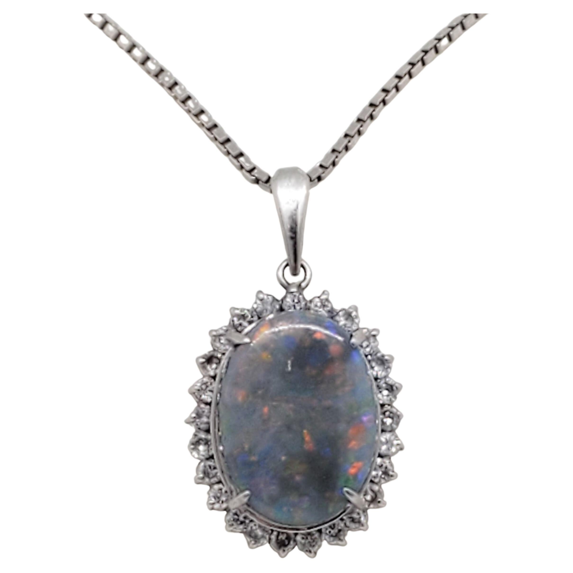 Opal and White Diamond Pendant Necklace in Platinum For Sale