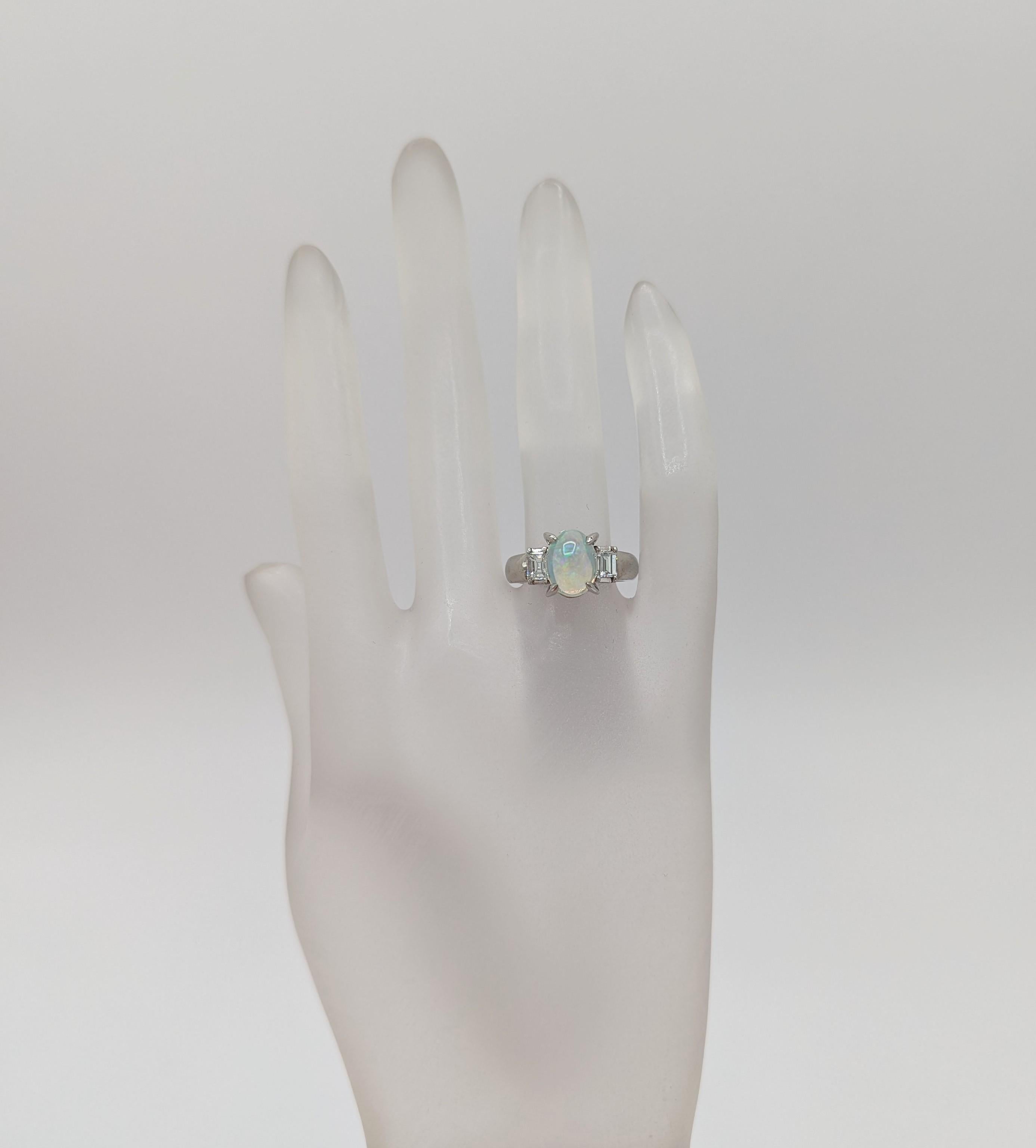 Oval Cut Opal and White Diamond Three Stone Ring in Platinum For Sale