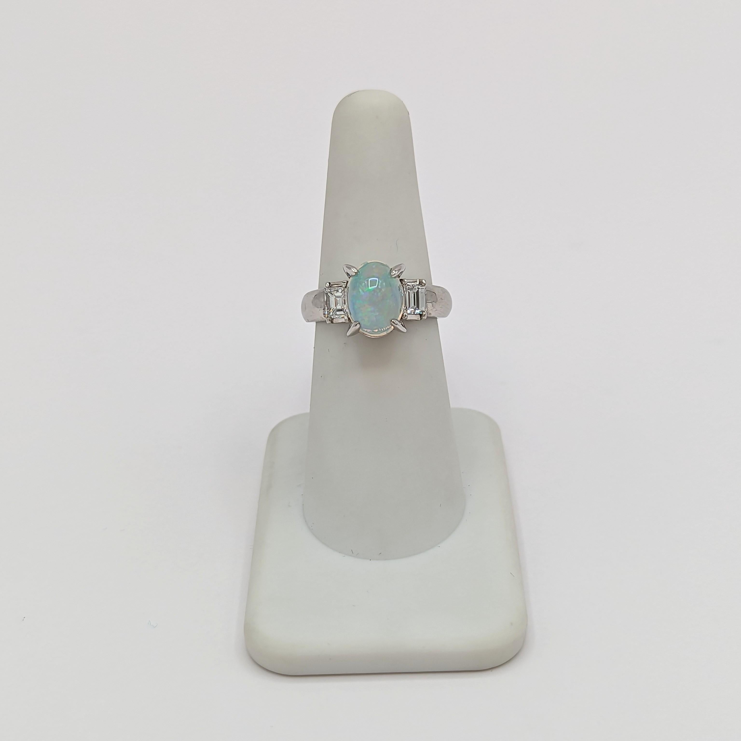 Opal and White Diamond Three Stone Ring in Platinum In New Condition For Sale In Los Angeles, CA