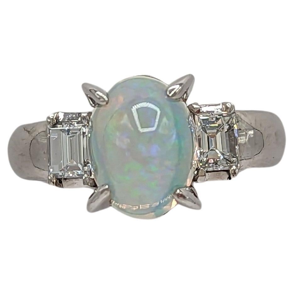 Opal and White Diamond Three Stone Ring in Platinum For Sale