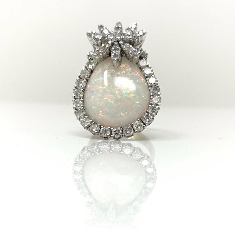 Opal and White Round Brilliant Diamond Ring in 18 Karat White Gold For ...