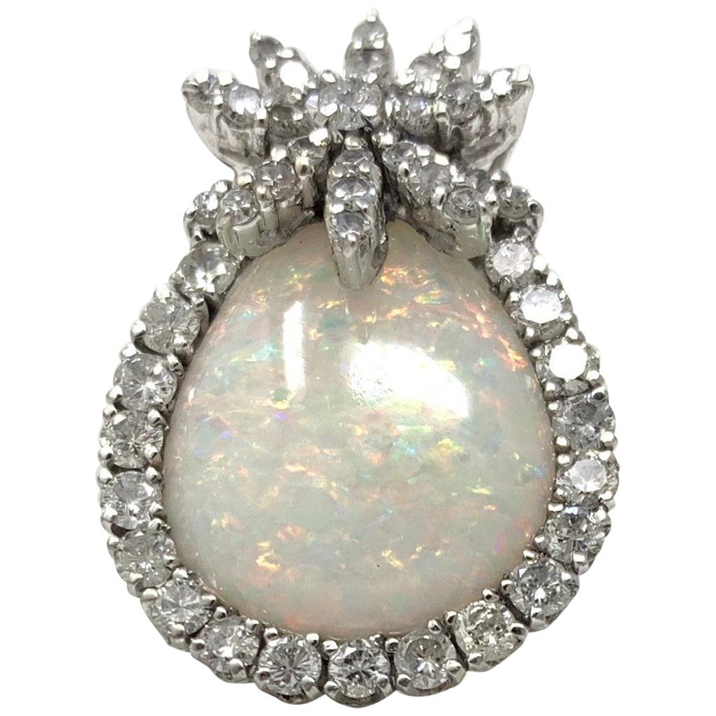 Opal and White Round Brilliant Diamond Ring in 18 Karat White Gold