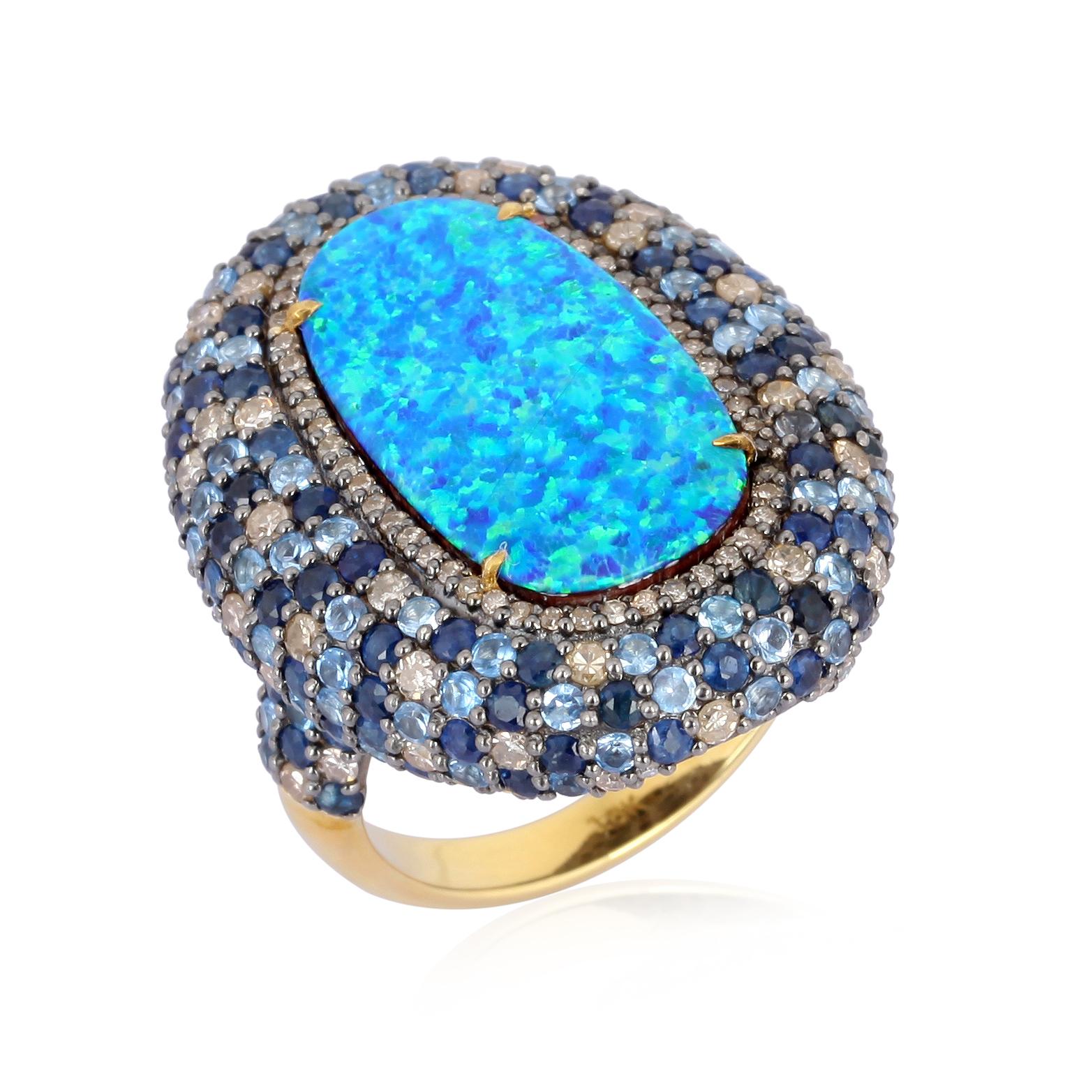 Artisan Opal Aquamarine Blue Sapphire Diamond Cuff Bracelet For Sale