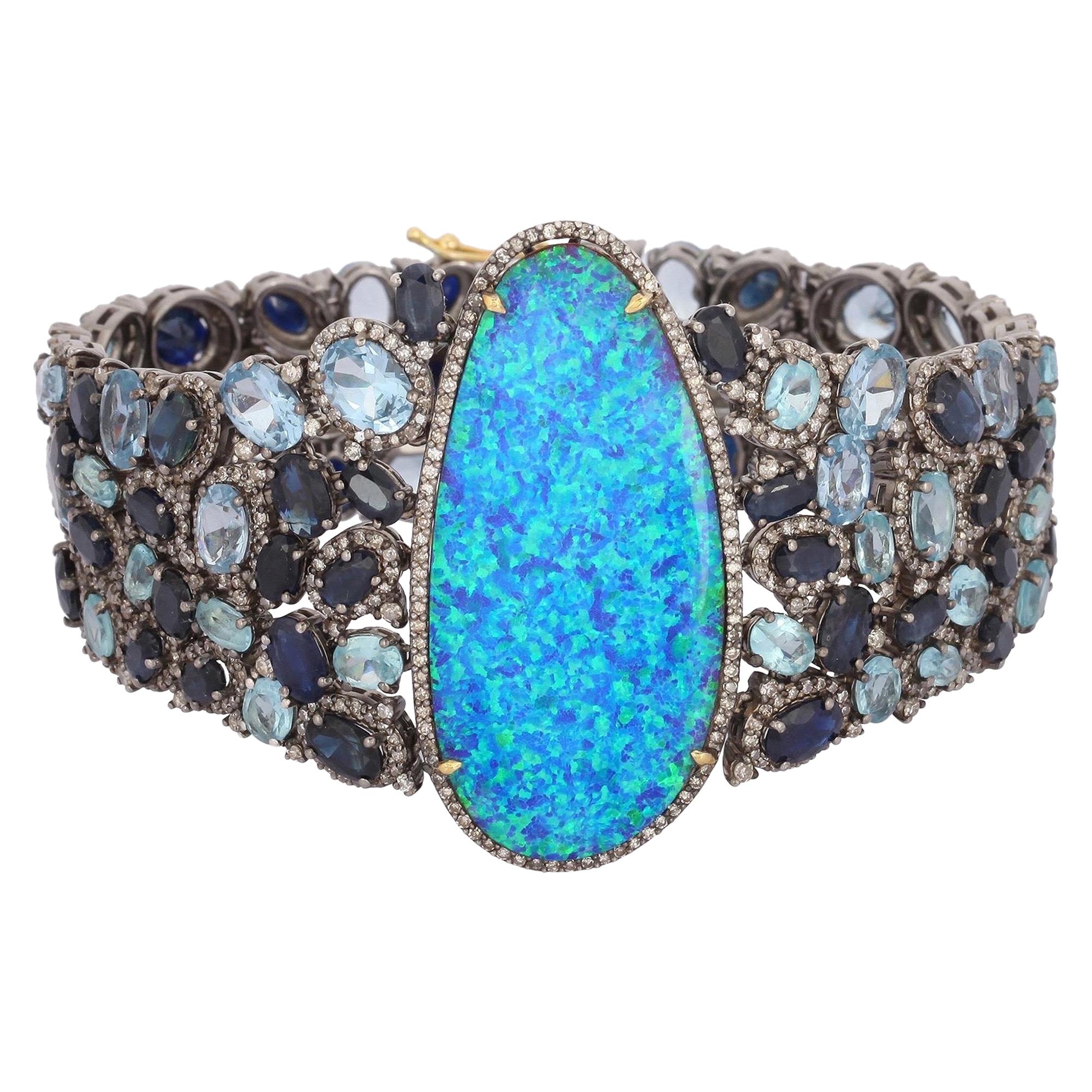 Opal Aquamarine Blue Sapphire Diamond Cuff Bracelet For Sale