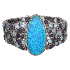 Opal Aquamarine Blue Sapphire Diamond Cuff Bracelet