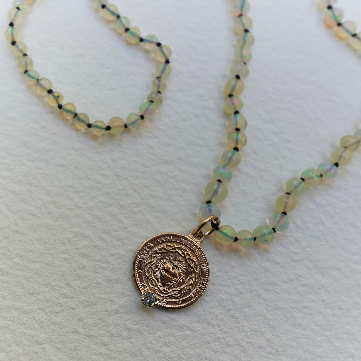 Egyptian Opal Aquamarine Choker Necklace Medal Heart Bronze J Dauphin

18