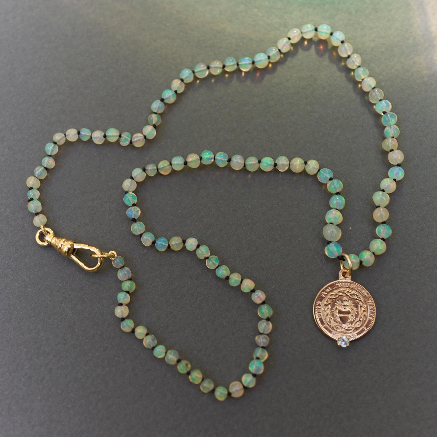 Egyptian Opal Aquamarine Choker Necklace Medal Heart Bronze J Dauphin In New Condition For Sale In Los Angeles, CA