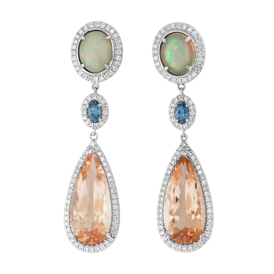 Opal Aquamarine Morganite Diamond and White Gold Drop Earrings For Sale