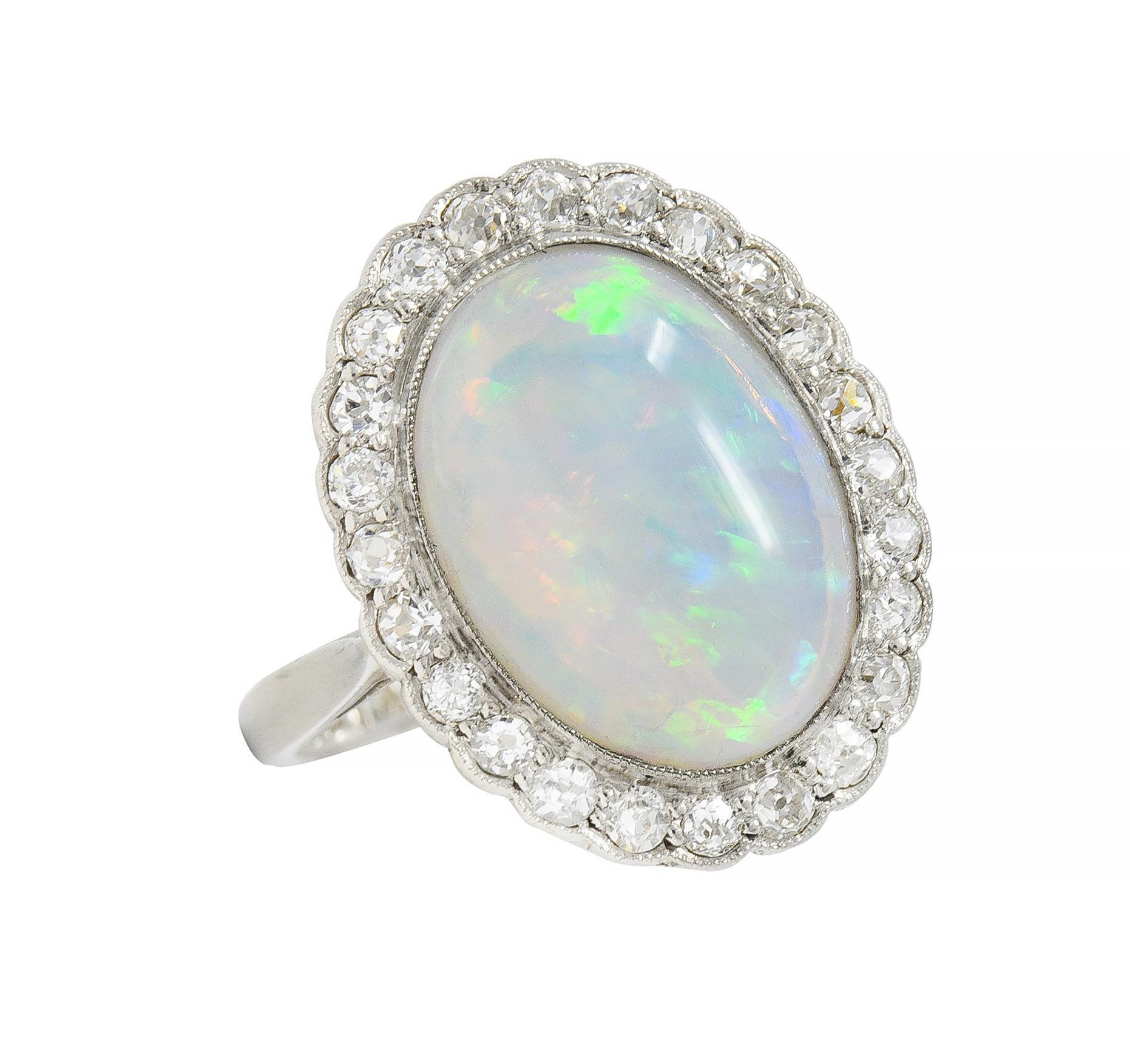 Opal Art Deco Jelly Opal Diamond Platinum 18 Karat Gold Vintage Halo Ring For Sale 5