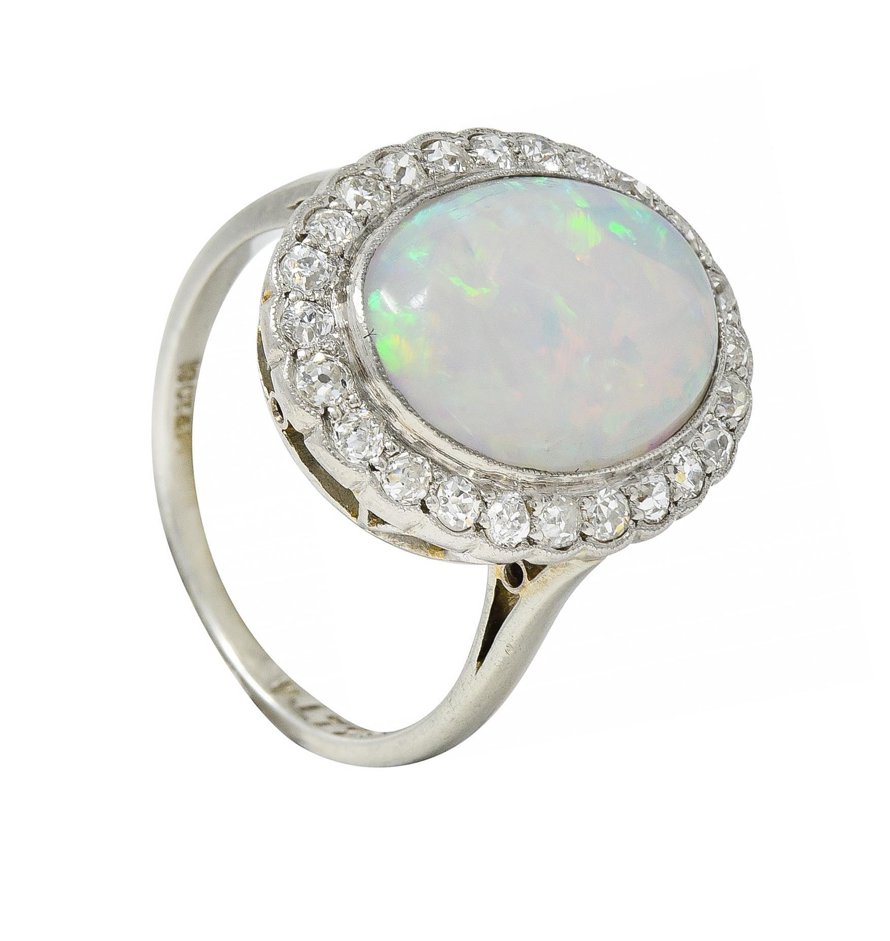 Opal Art Deco Jelly Opal Diamond Platinum 18 Karat Gold Vintage Halo Ring For Sale 6