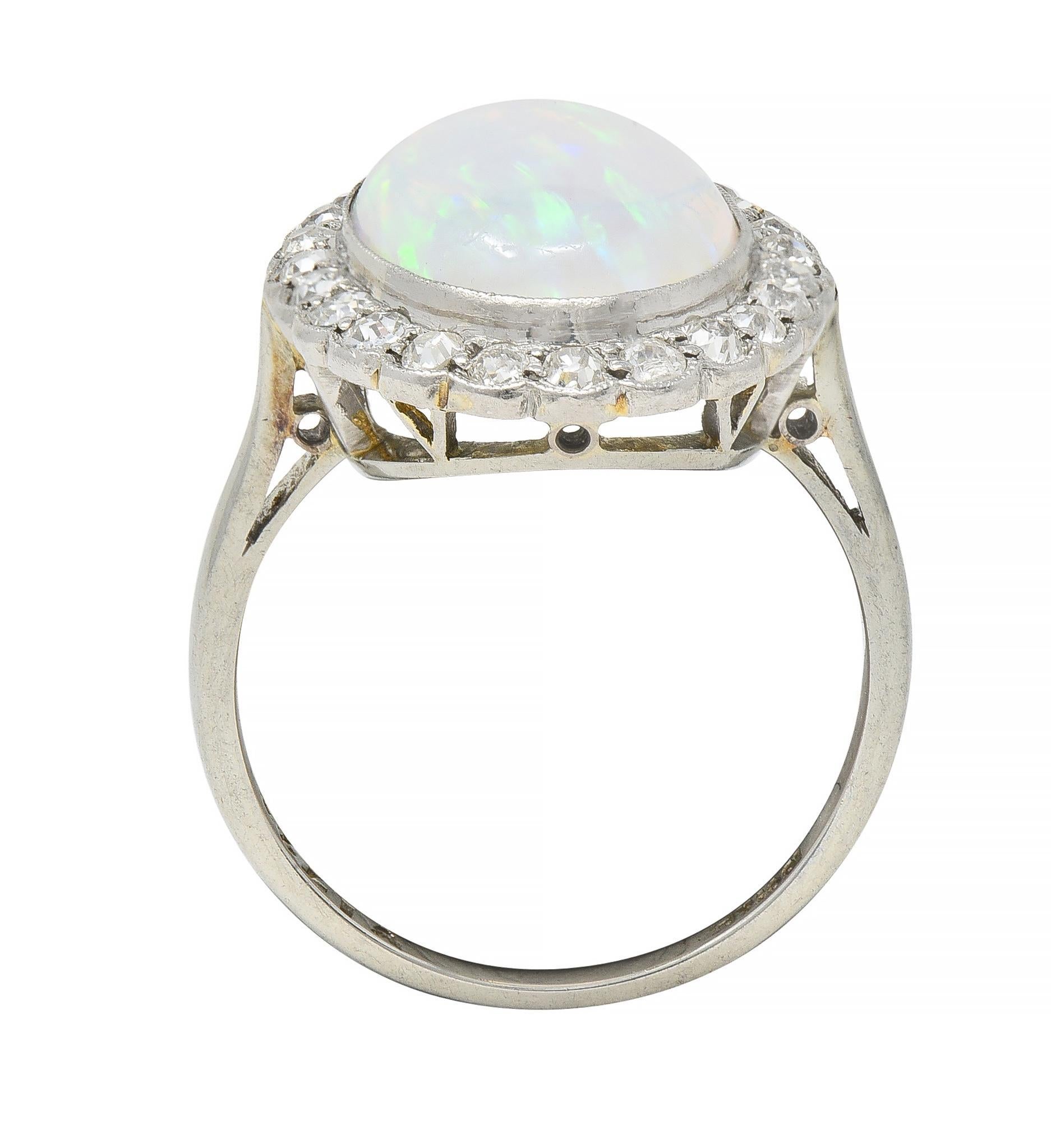 Opal Art Deco Jelly Opal Diamond Platinum 18 Karat Gold Vintage Halo Ring For Sale 6