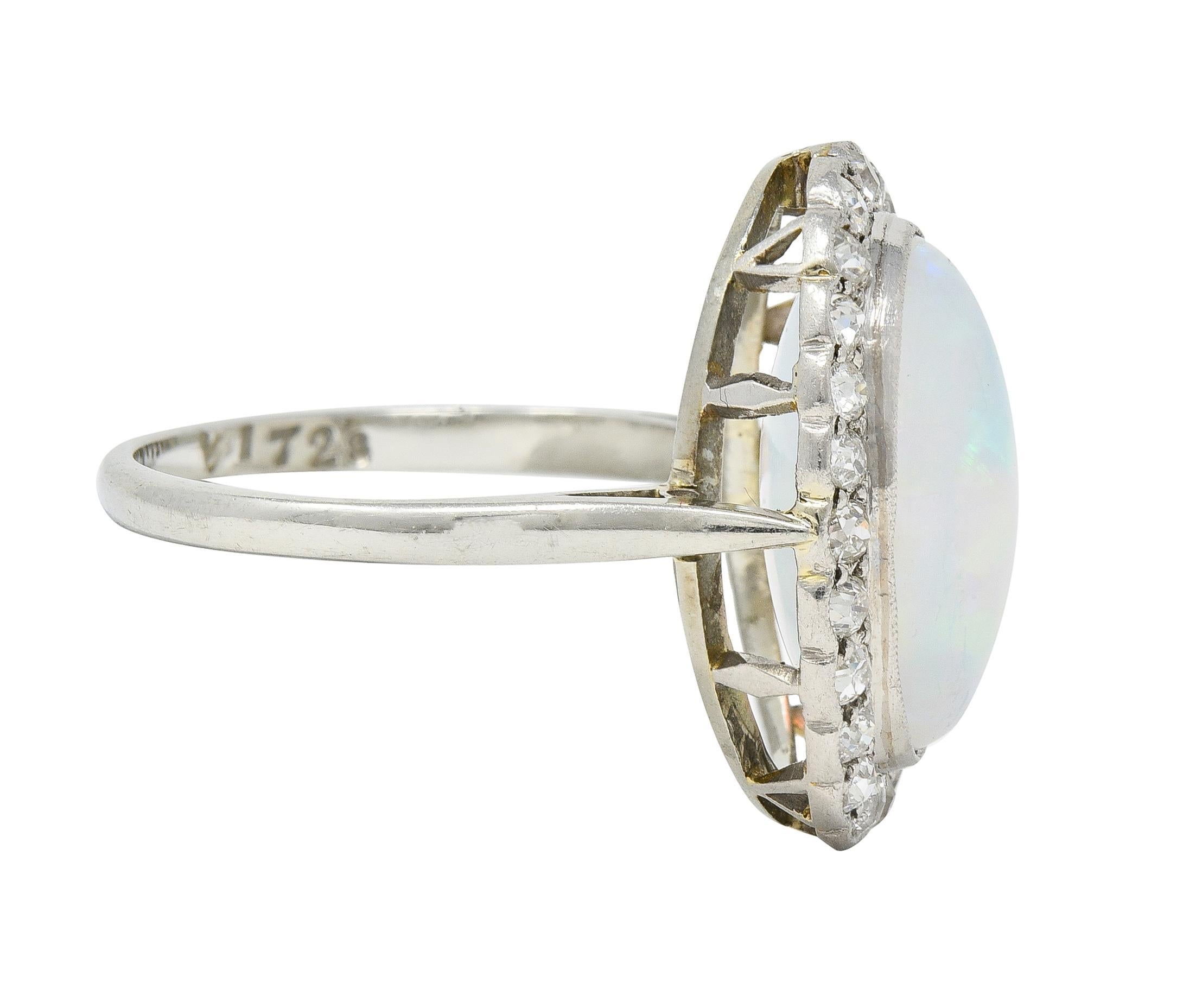 Cabochon Opal Art Deco Jelly Opal Diamond Platinum 18 Karat Gold Vintage Halo Ring For Sale
