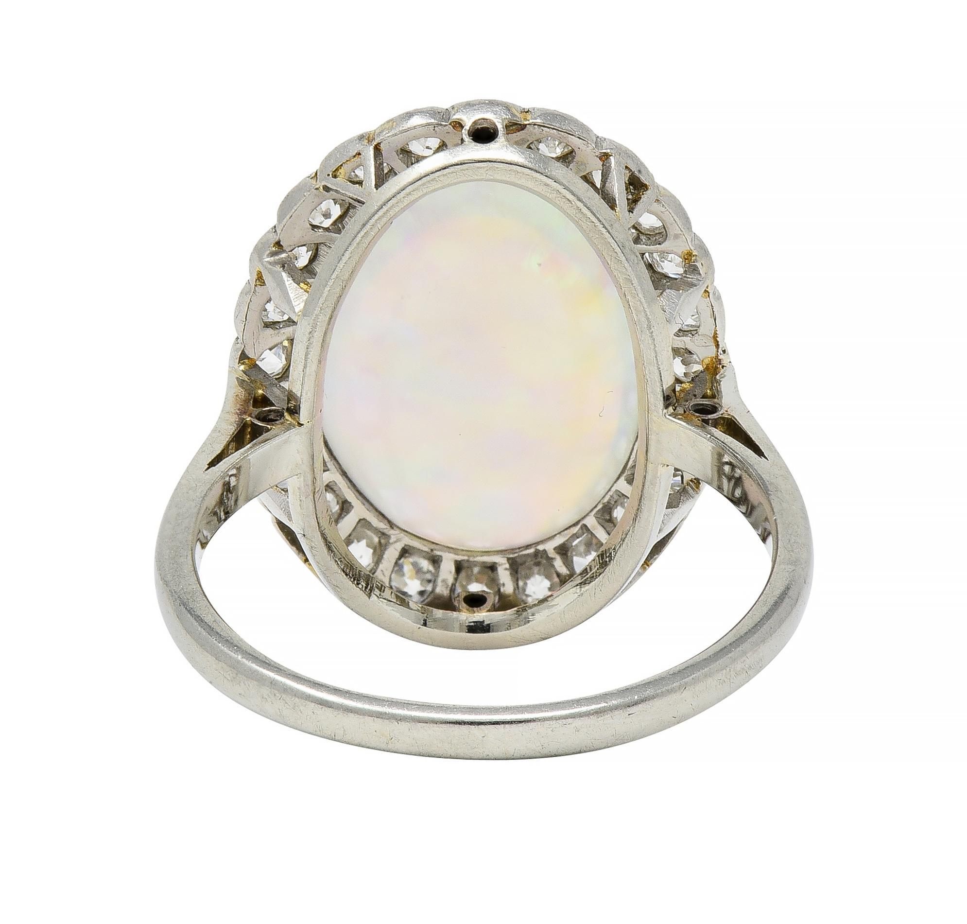 Opal Art Deco Jelly Opal Diamond Platinum 18 Karat Gold Vintage Halo Ring In Excellent Condition For Sale In Philadelphia, PA