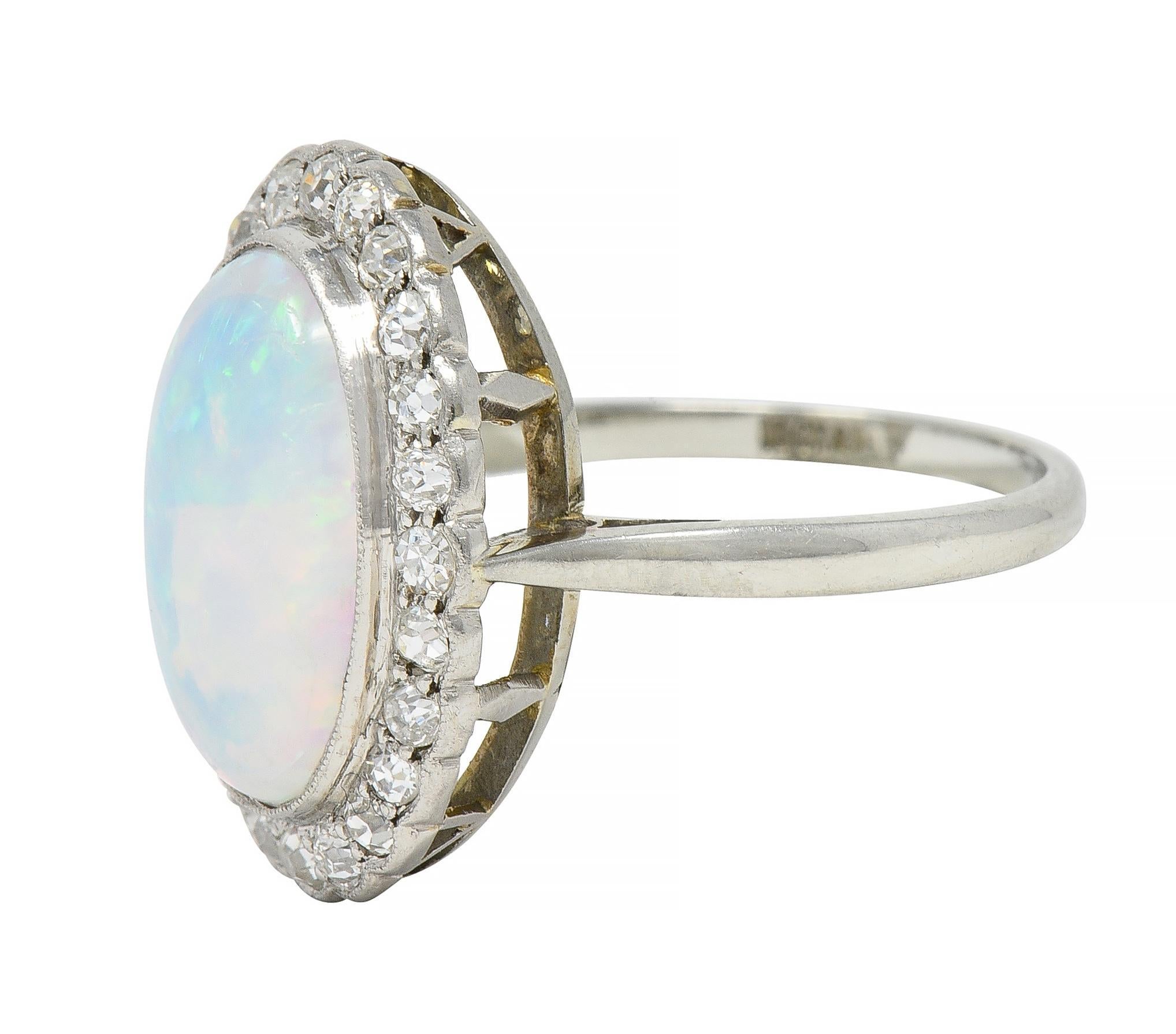 Opal Art Deco Jelly Opal Diamond Platinum 18 Karat Gold Vintage Halo Ring For Sale 1