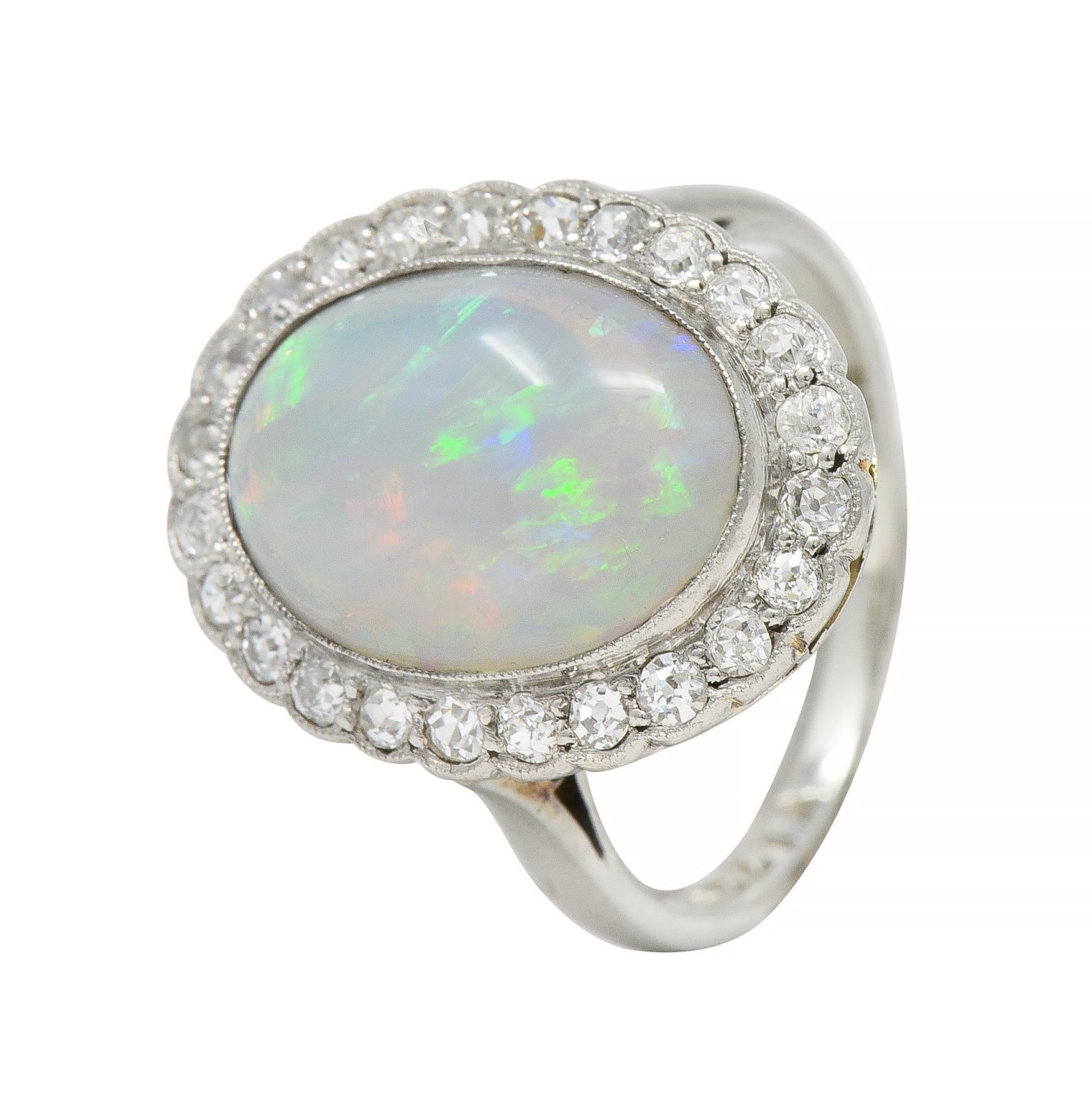 Opal Art Deco Jelly Opal Diamond Platinum 18 Karat Gold Vintage Halo Ring For Sale 4