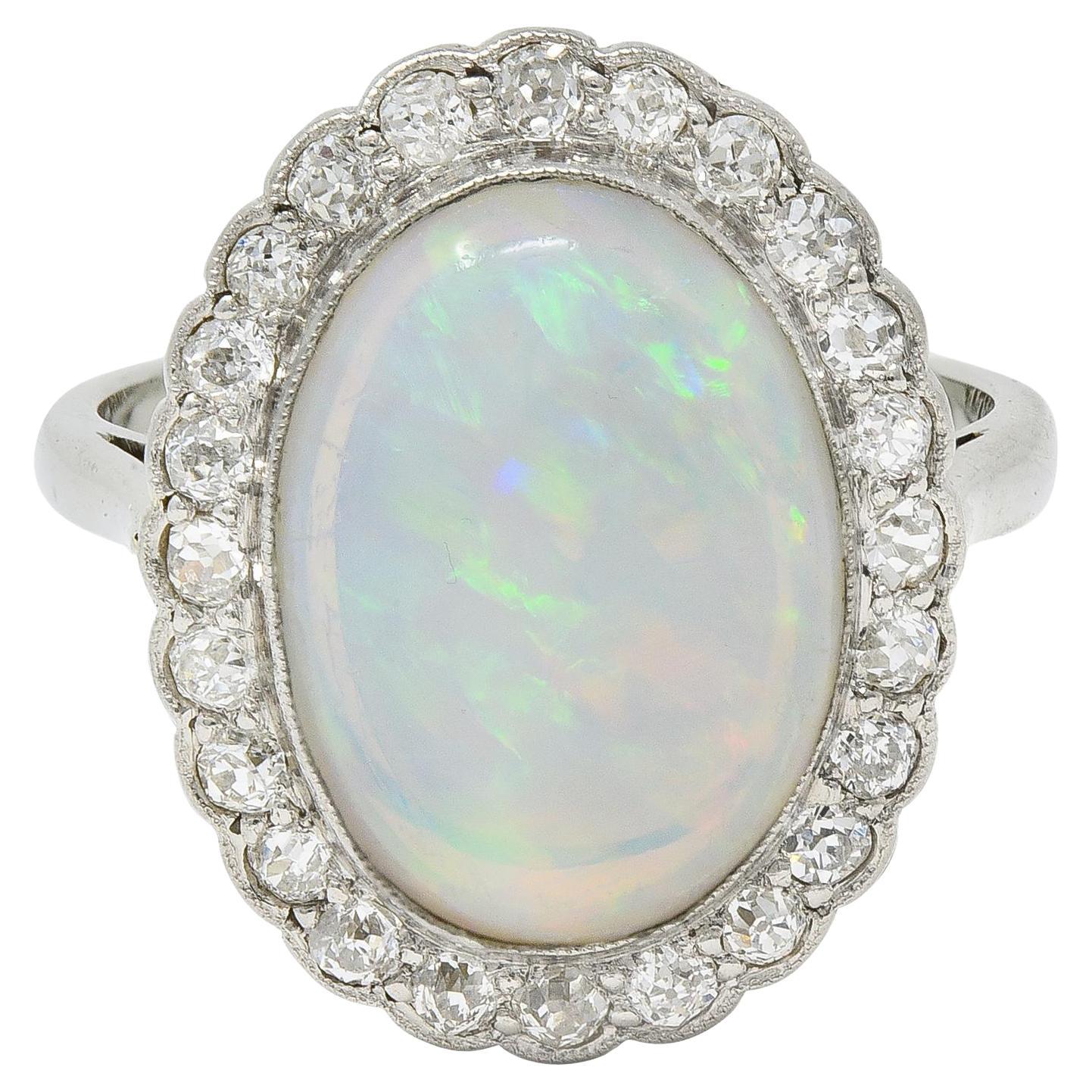 Opal Art Deco Jelly Opal Diamond Platinum 18 Karat Gold Vintage Halo Ring For Sale