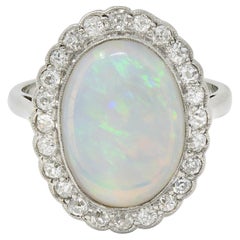 Opale Art Deco Jelly Opal Diamond Platinum 18 Karat Gold Vintage Halo Ring