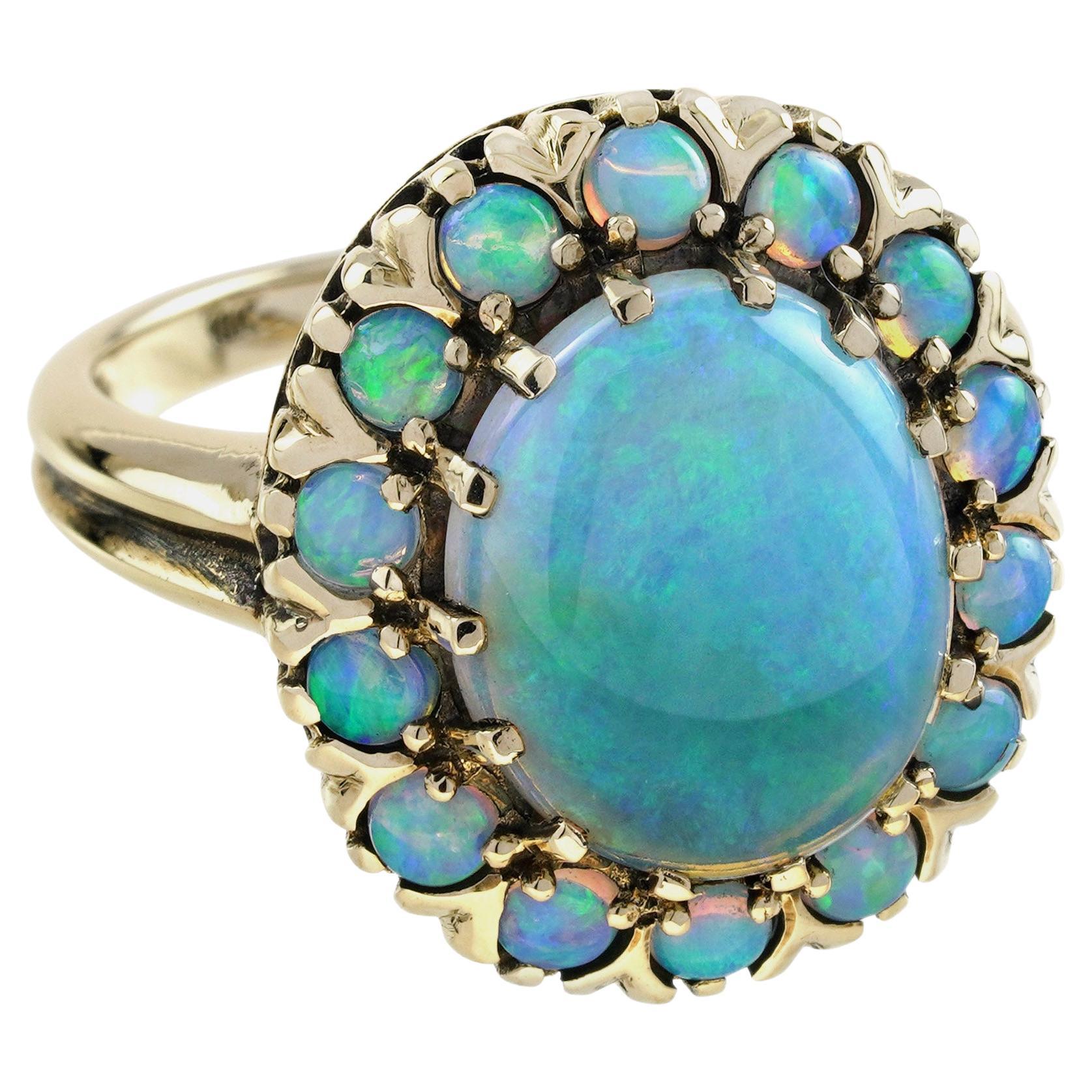 Oval Cut Opal Art Deco Style Dinner Cocktail Ring in 14K Yellow Gold For Sale