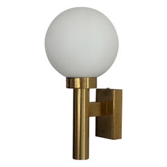 Opal Ball Glass & Heavy Brass Large Minimalist Cinema Sconce, 1960s, Germany