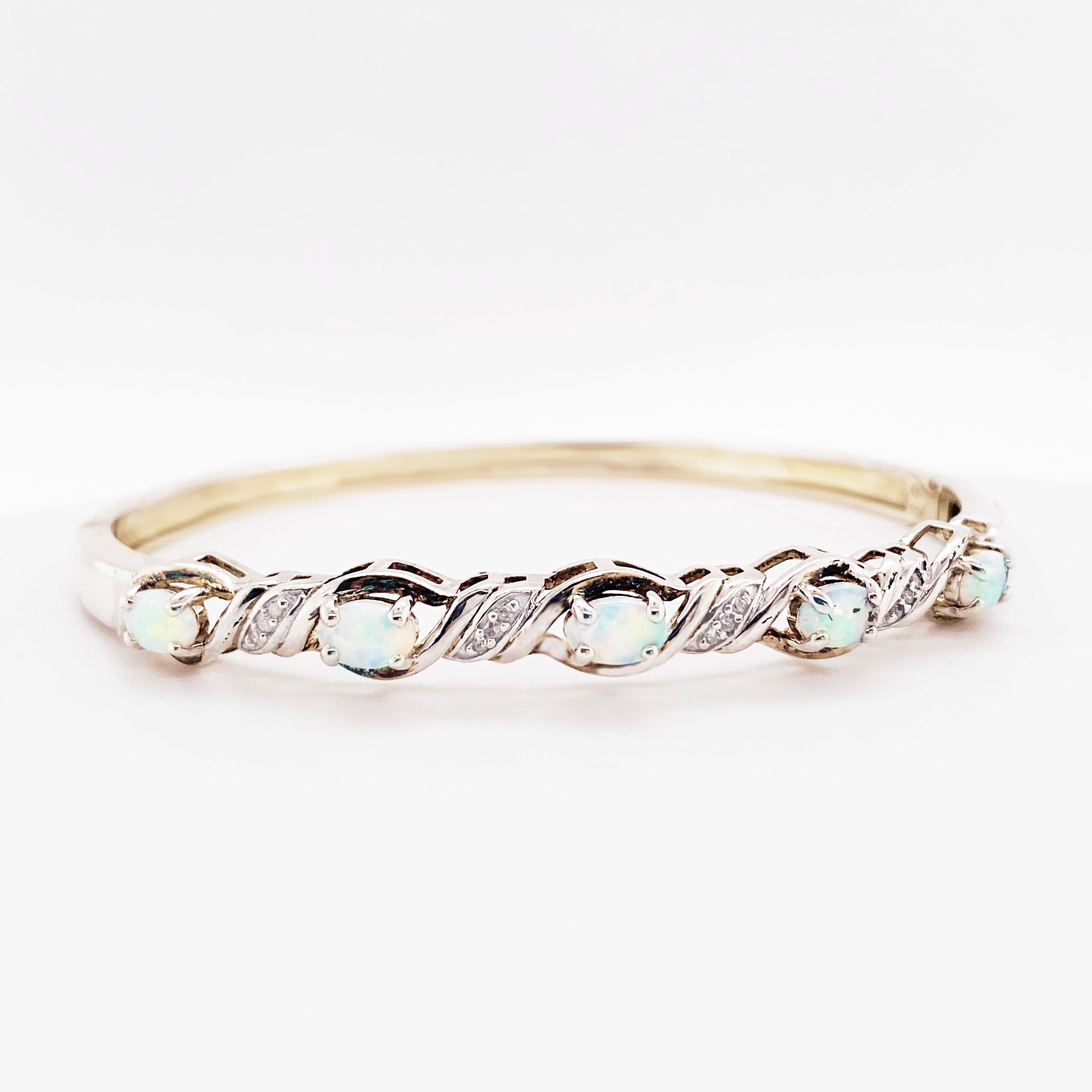 Opal Bangle Bracelet with Diamonds in Sterling Silver, Genuine 