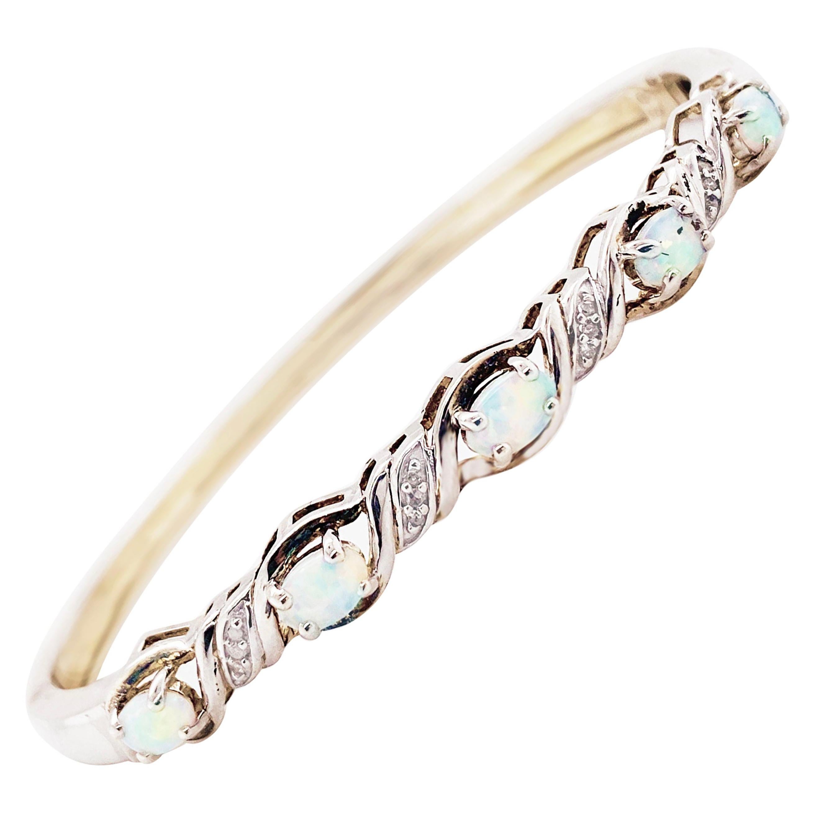 Opal Bangle Bracelet with Diamonds in Sterling Silver, Genuine Opal Bracelet