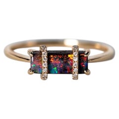 Opal Bar Ring 14K Gold Unique Boulder Opal Diamond Ring